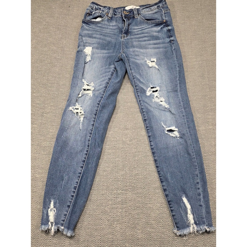 Kancan KC6272D Distressed High Rise Skinny Jeans Medium Wash Raw Hem Size‎ 7/27